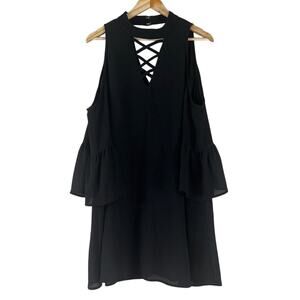 Entro Mini Dress Womens L Black Tiered Bell Sleeve Textured Whimsigoth Witchy